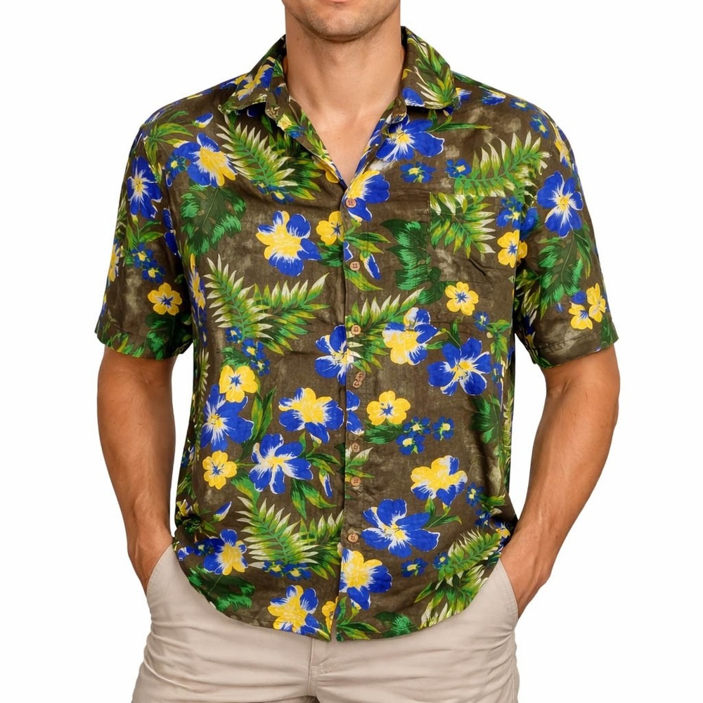 King Size Hawaiian Aloha Shirt 3XL Blue Yellow Flowers Pale Brown Rayon